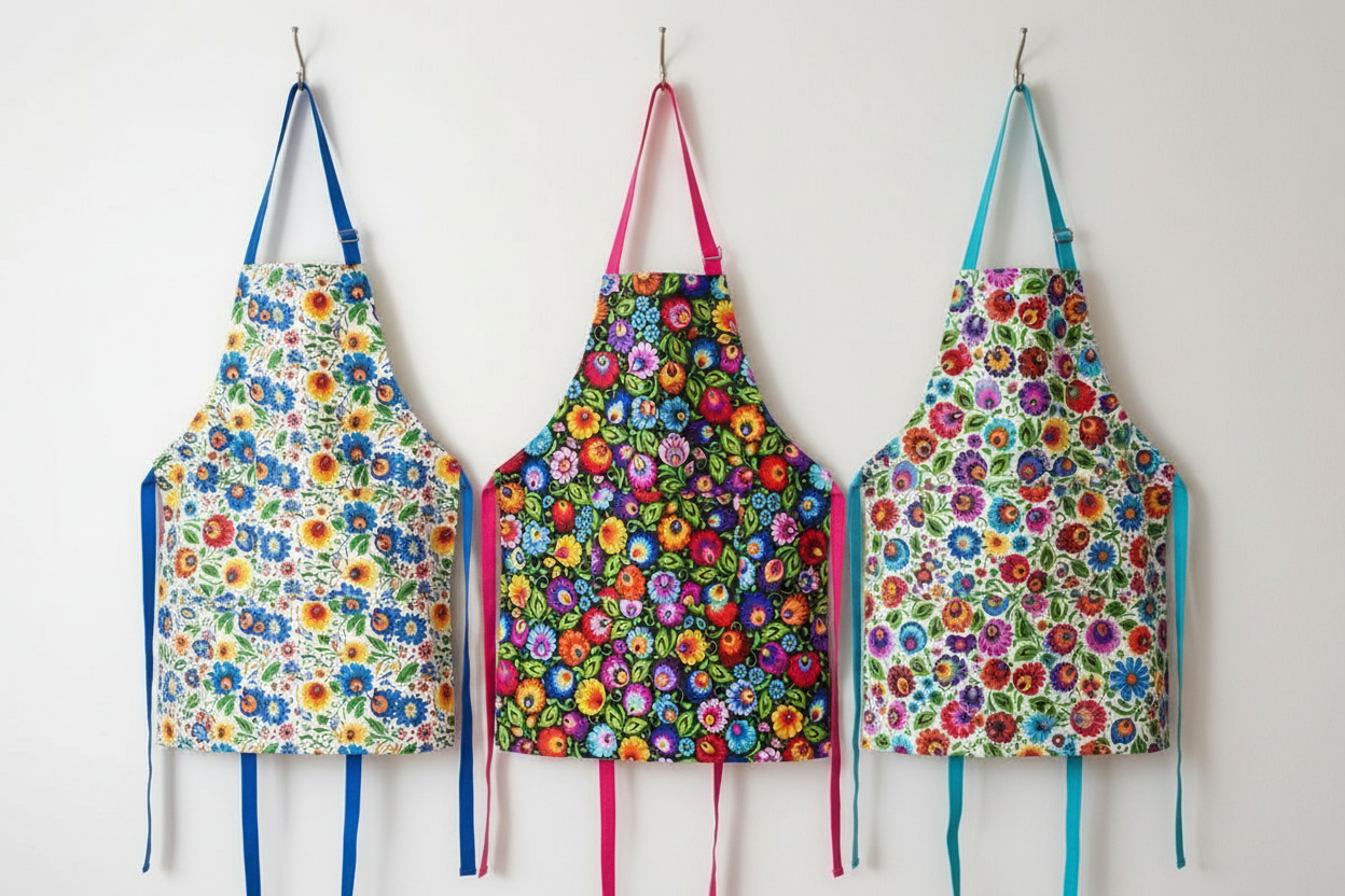 3 Folkstar aprons hanging