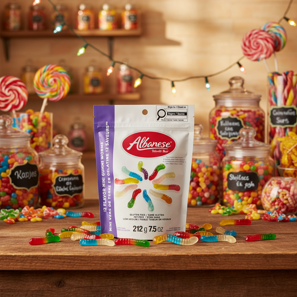 Albarese Gummi Worms in candy shop setting