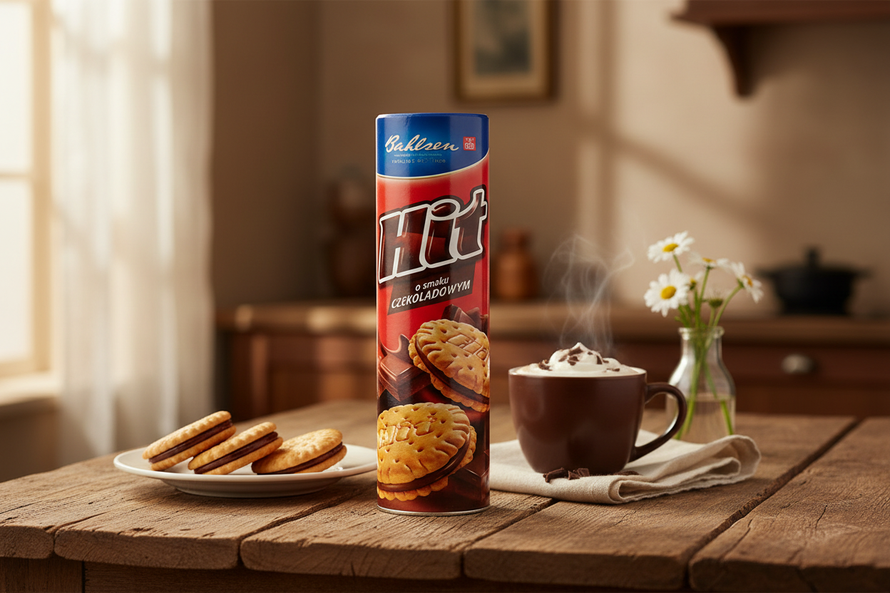 Bahlsen Hit Chocolate Sandwich Cookies in European café setting
