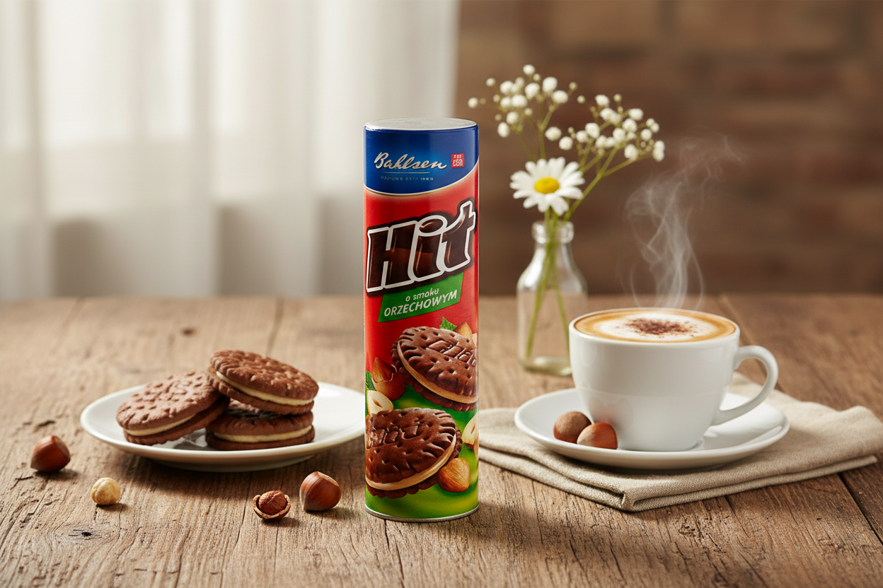 Bahlsen Hit Hazelnut Sandwich Cookies in European café setting