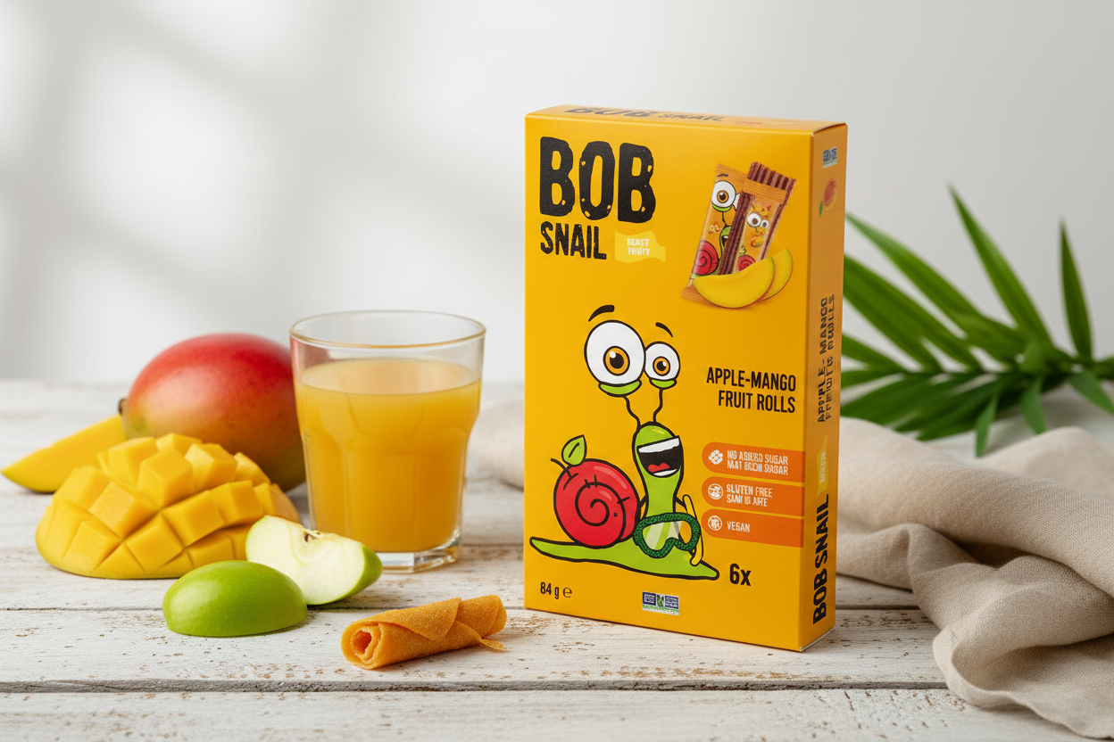 Bob Snail Mango Fruit Rolls in clean healthy setting