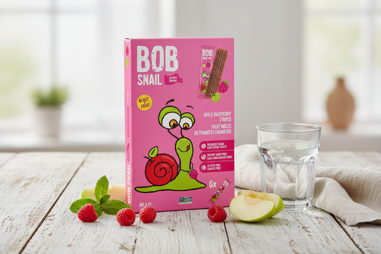 Bob Snail Raspberry Fruit Rolls in clean healthy setting