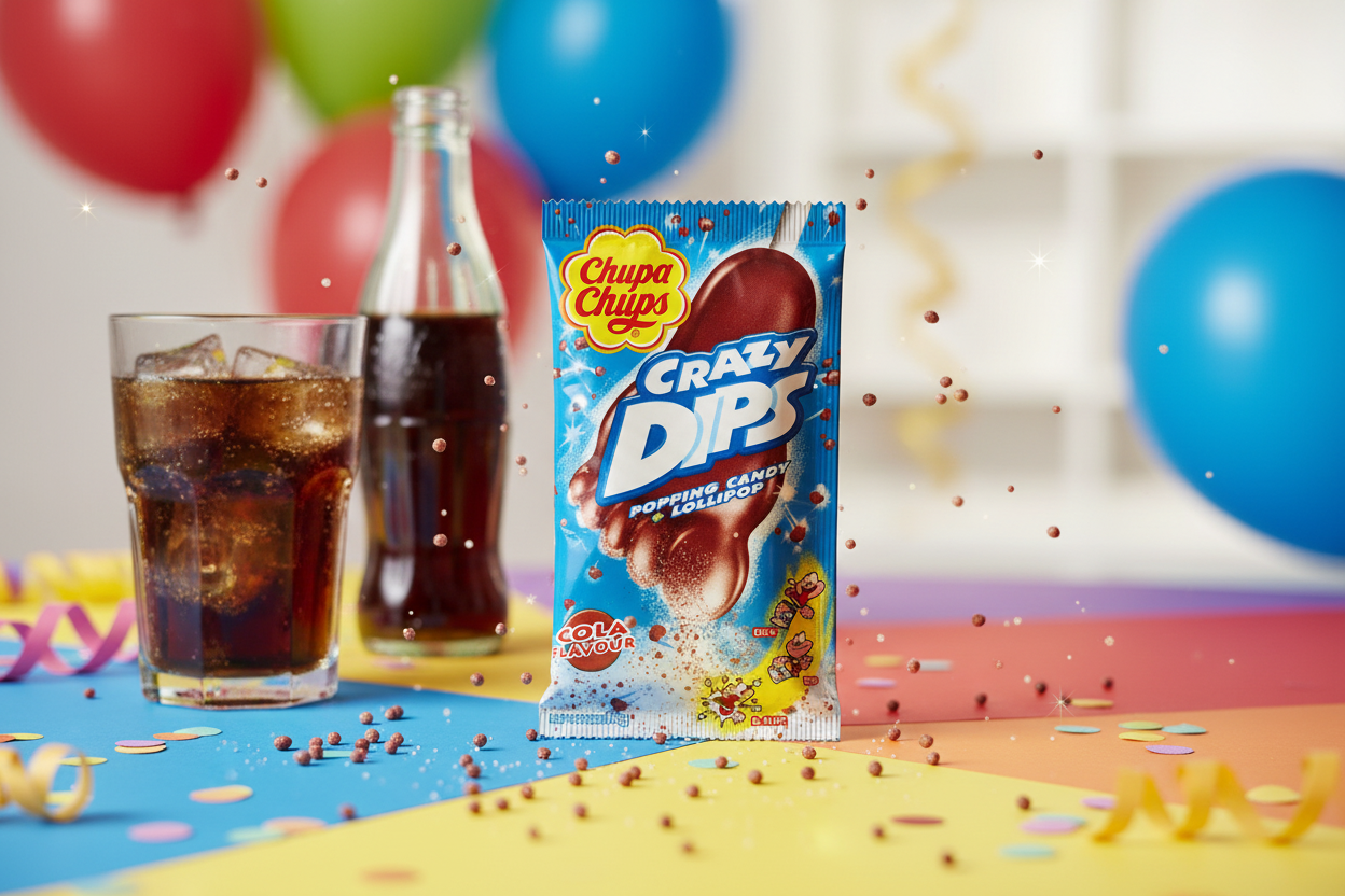 Chupa Chups Crazy Dips Cola in playful party setting