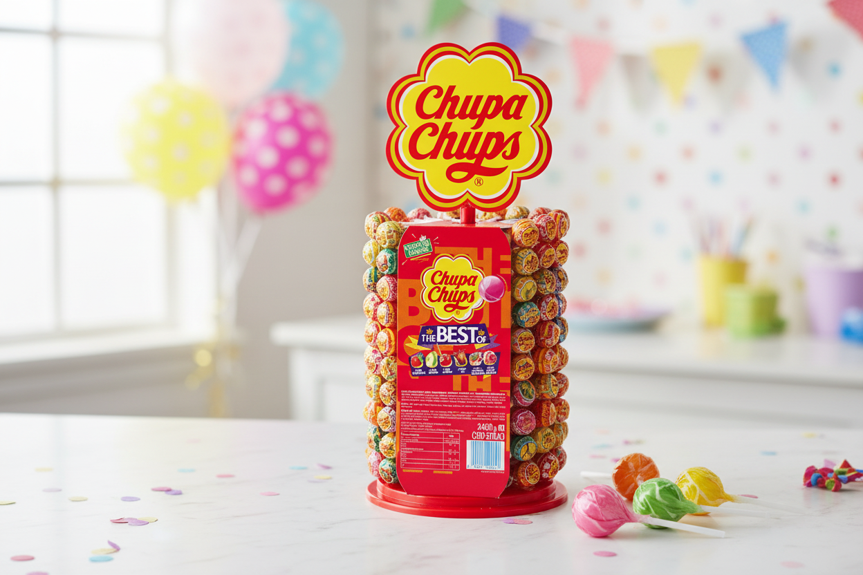 Chupa Chups The Best Of Lollipops display in bright cheerful setting