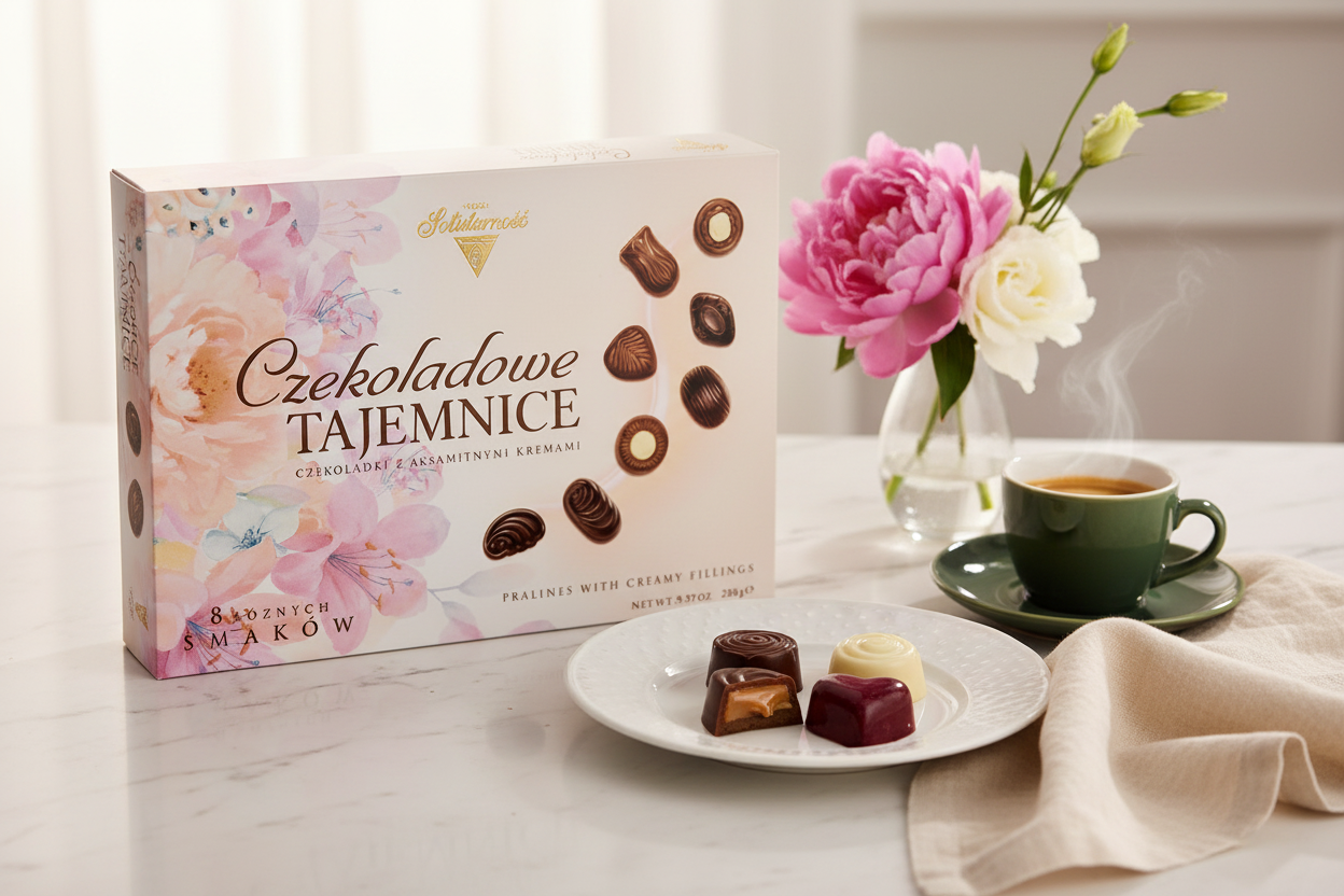 Czekoladowe Tajemnice Chocolate Secrets Pralines in elegant setting