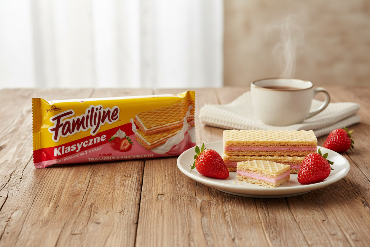 Familijne Klasyczne Strawberry Cream Wafers in warm family setting