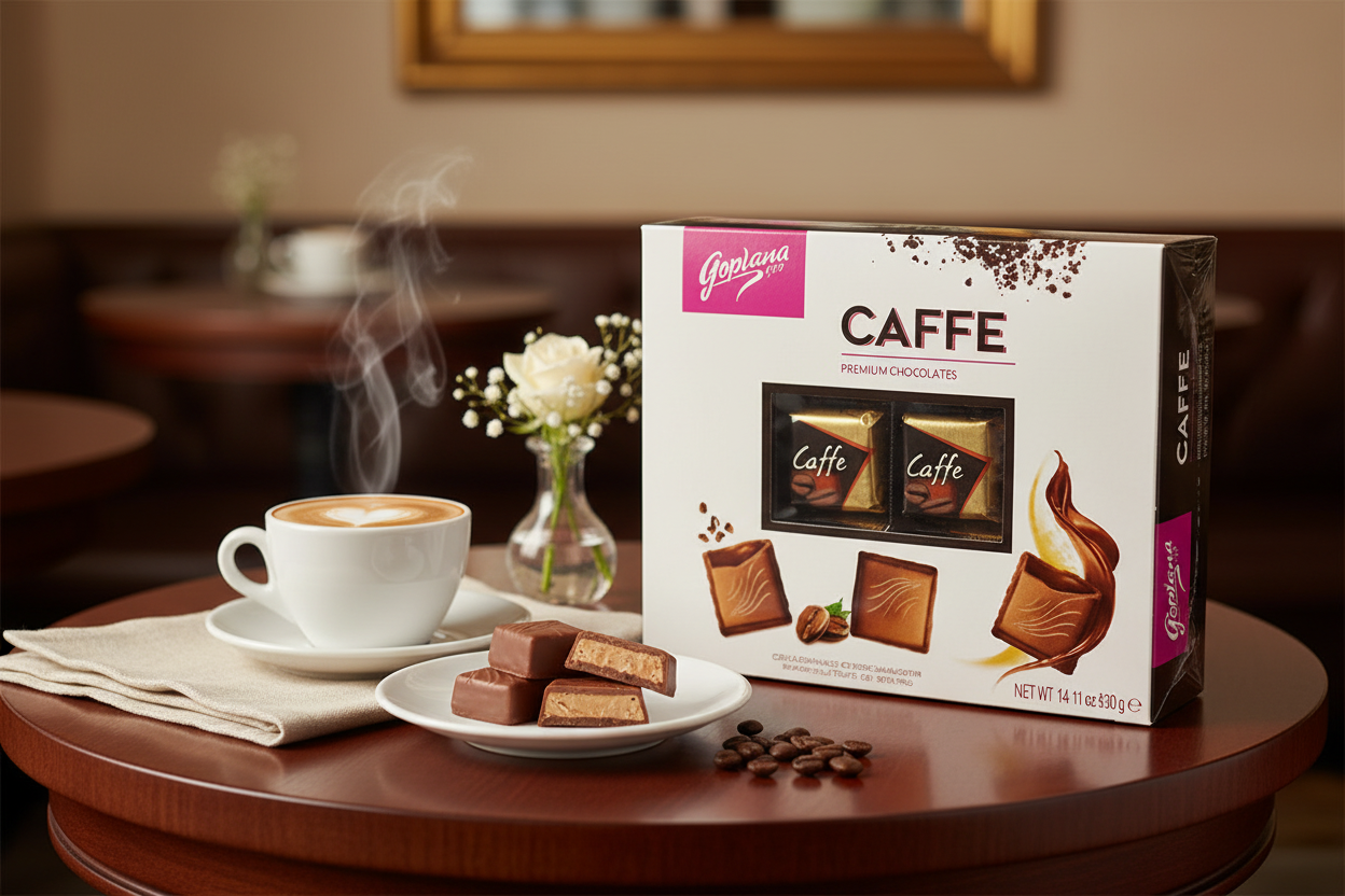 Goplana Caffe Premium Chocolates in elegant European café setting