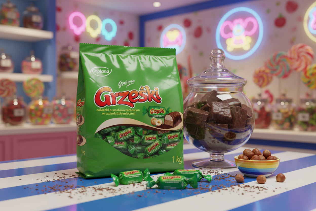 Goplana Grzeski Hazelnut Wafers in vibrant candy store setting