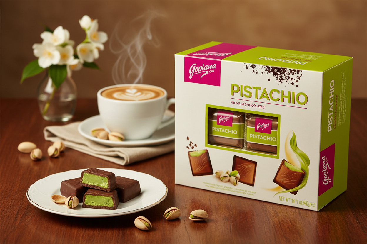 Goplana Pistachio Premium Chocolates in elegant European setting