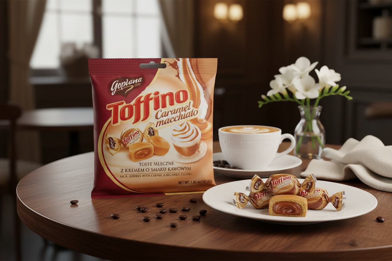 Goplana Toffino Caramel Macchiato Toffees in elegant café setting