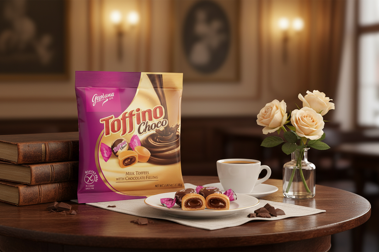 Goplana Toffino Choco Milk Toffees in elegant European setting