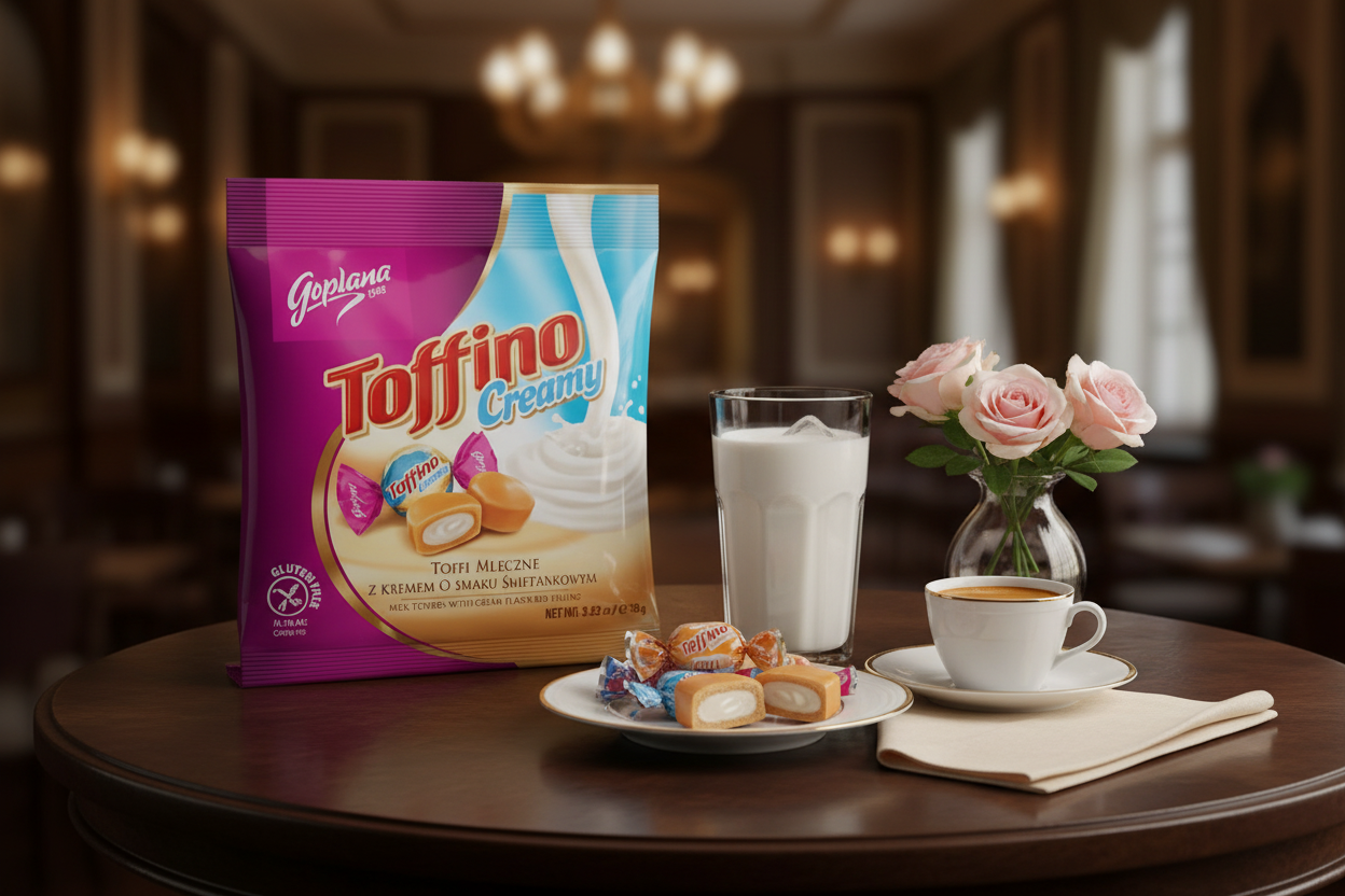 Goplana Toffino Creamy Milk Toffees in elegant European setting