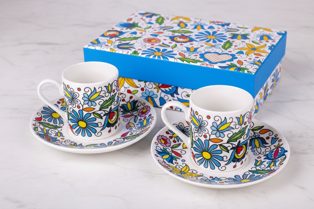 Folkstar Basia espresso cups and saucers on marble surface next to blue folk floral gift box