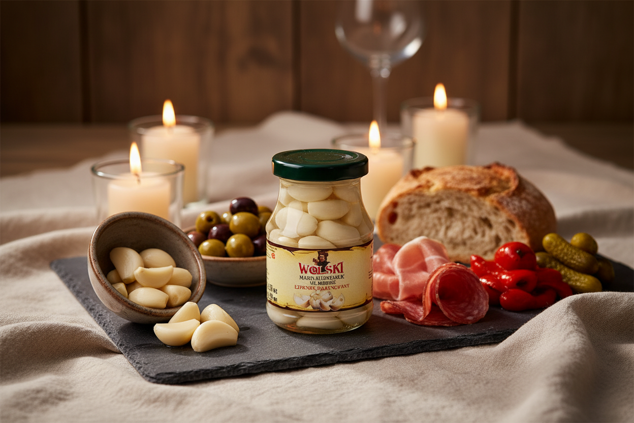 Wolski marinated garlic jar on a rustic antipasto board with cured meats, olives and crusty bread by candlelight