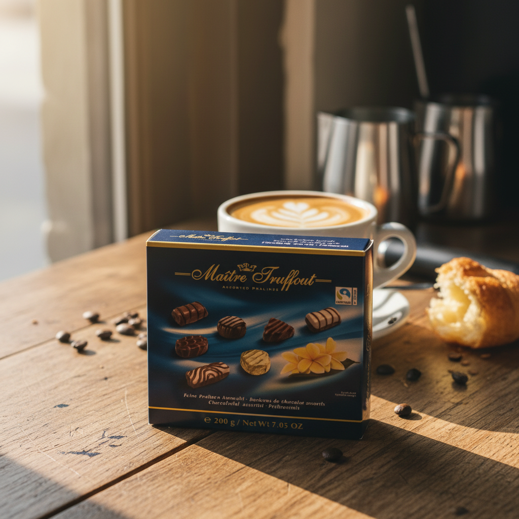 Maitre Truffout Assorted Pralines Blue Box Small with realistic coffee shop background