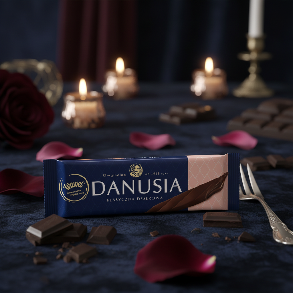 Wawel Danusia chocolate bar on dark velvet with rose petals and vintage silver fork