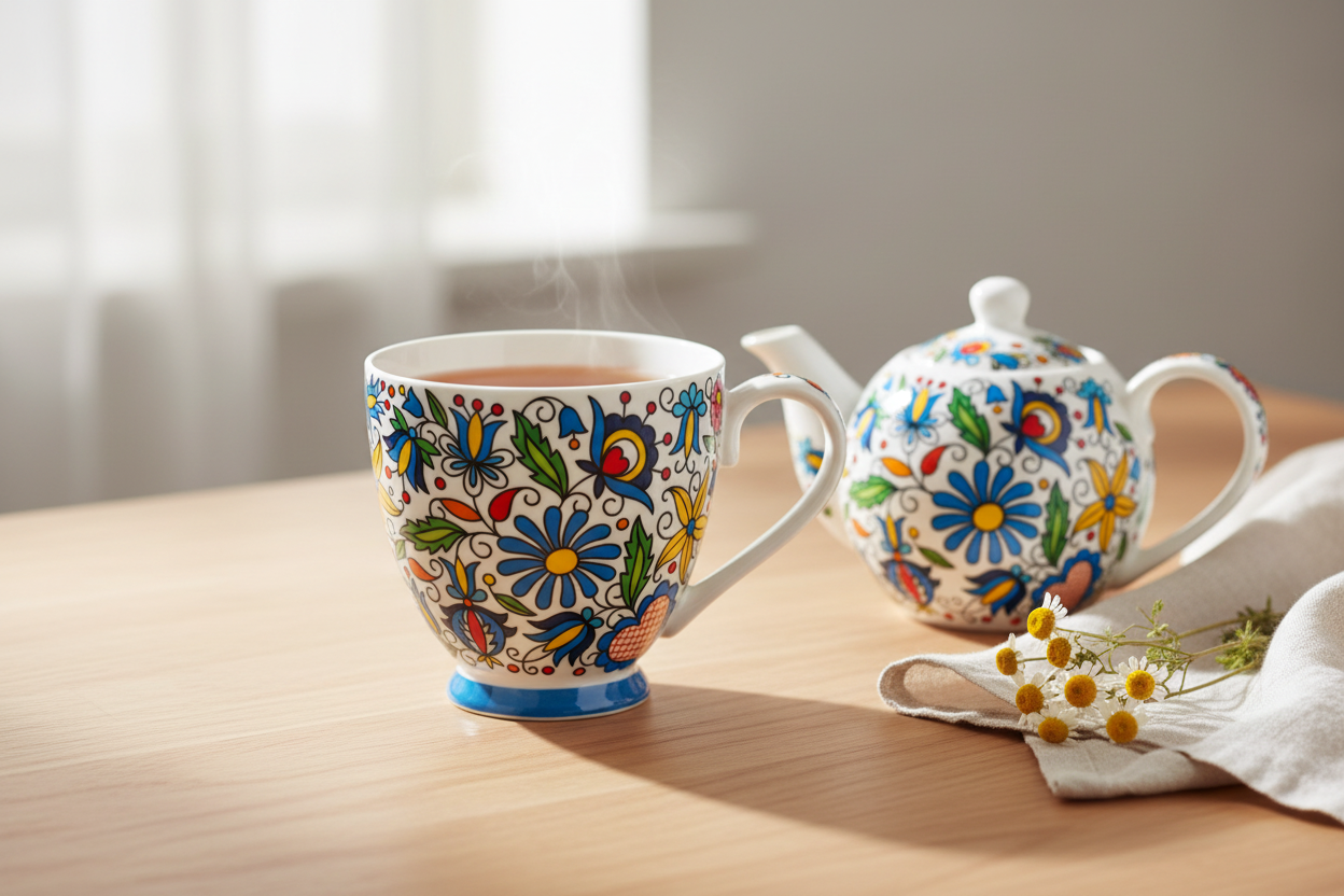 Folkstar Grażynka teacup filled with tea on a wooden table with teapot and dried chamomile