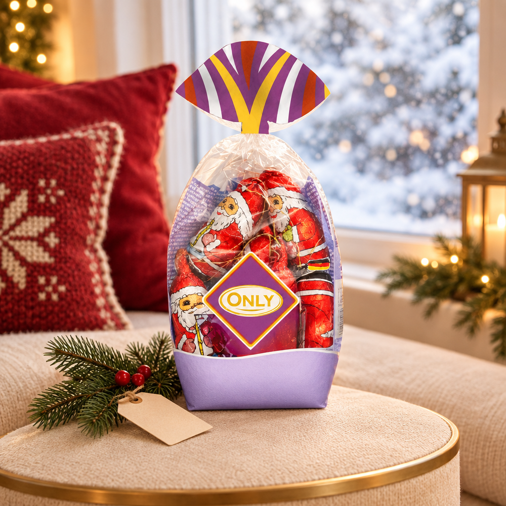 ONLY Santa gift bag in a festive winter window-seat setting