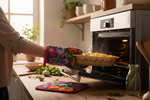 Folkstar black Łowicz folk floral oven mitt being used to pull a roasted dish from the oven with matching pot holder on counter