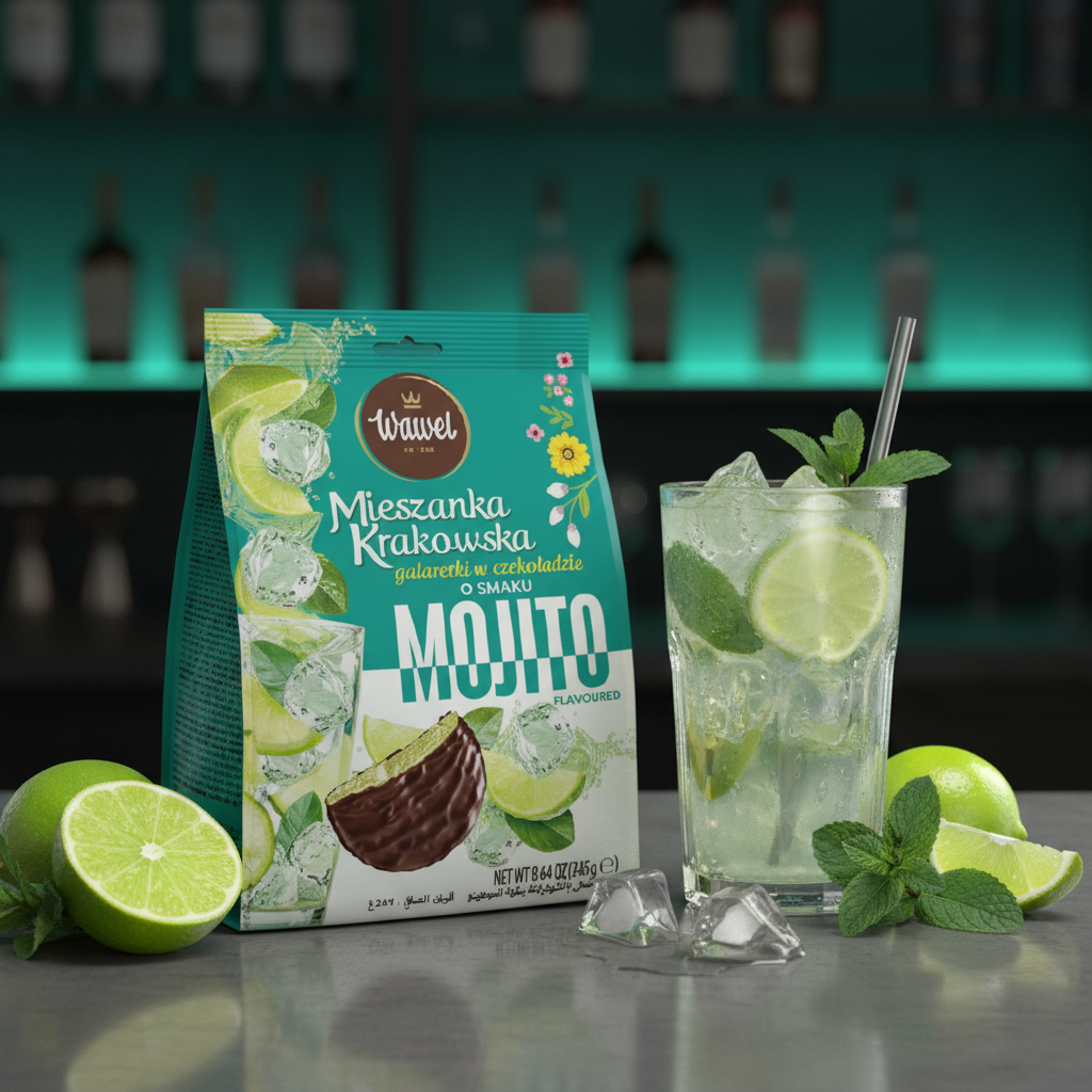 Wawel Mieszanka Krakowska Mojito jellies with lime and mint on a bar countertop