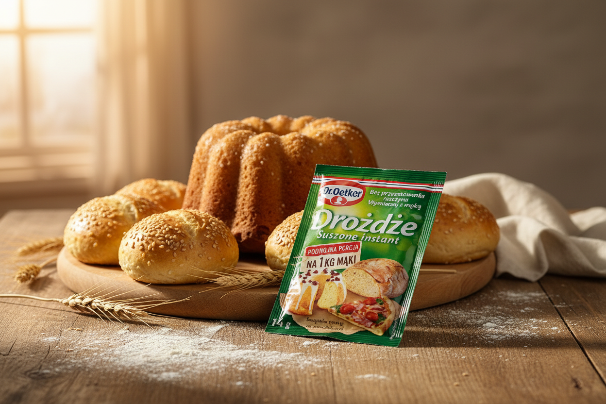 Dr. Oetker instant yeast packet on a wooden table with a golden babka Bundt cake and fresh bread rolls on a wooden board with scattered flour