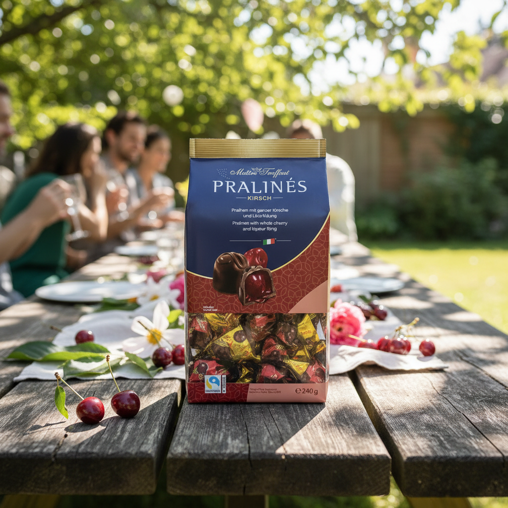 Maitre Truffout Pralines Cherry with realistic garden party background