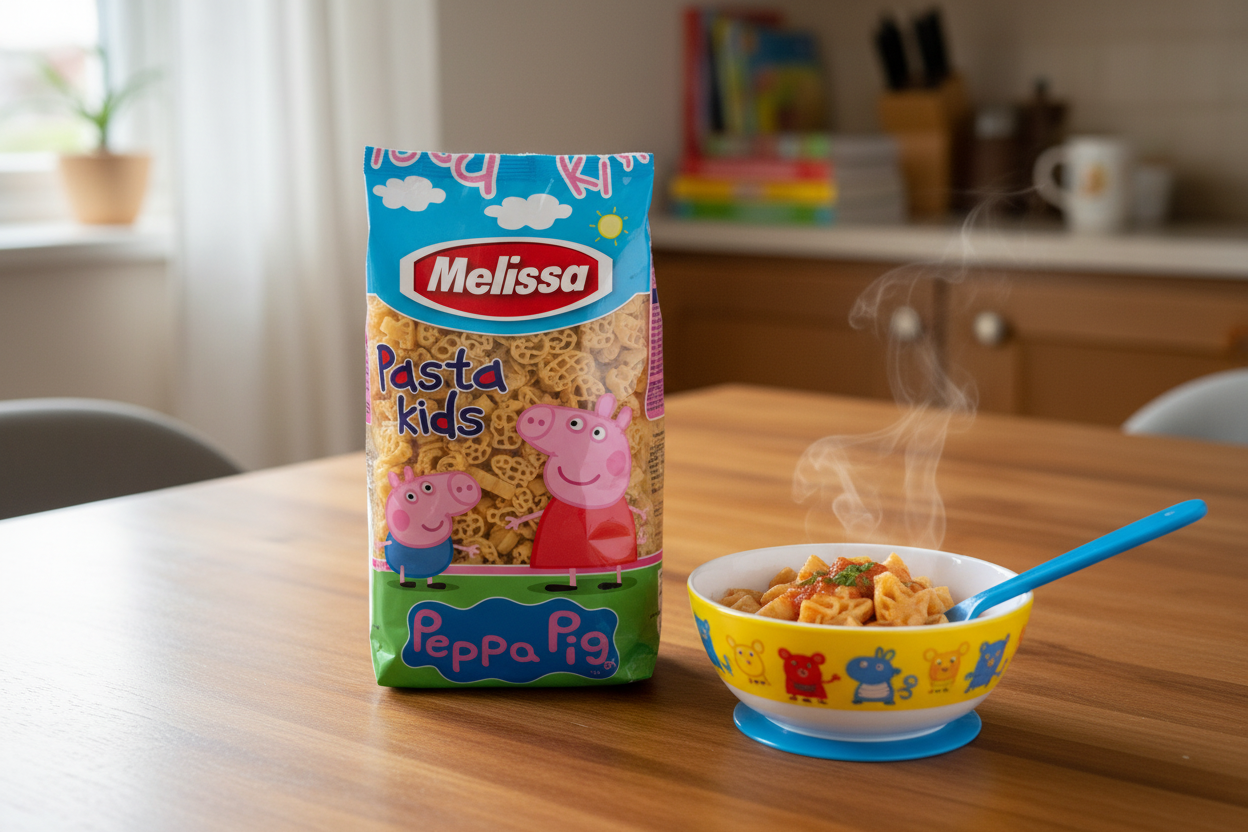 Melissa Pasta Kids Peppa Pig bag on a kitchen table with natural daylight