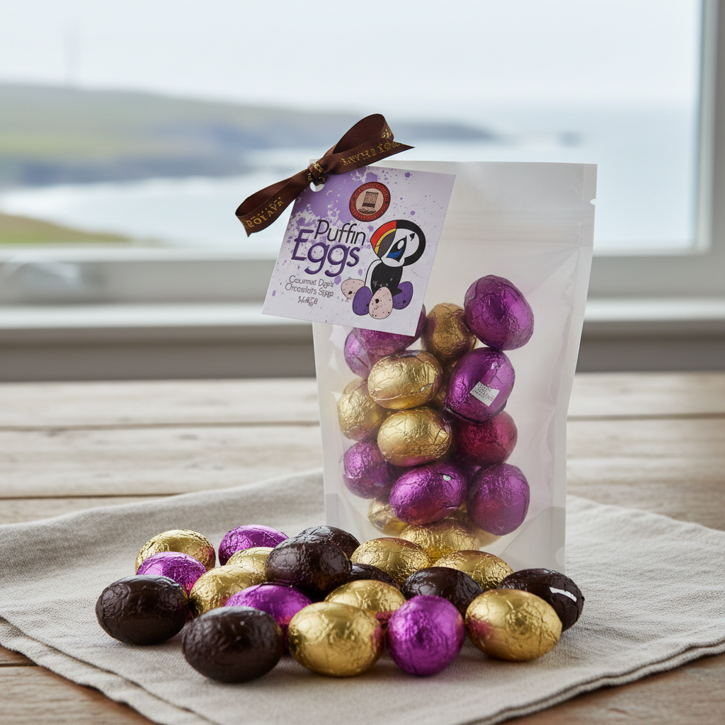 Dark Chocolate Puffin Eggs – coastal linen lifestyle scene
