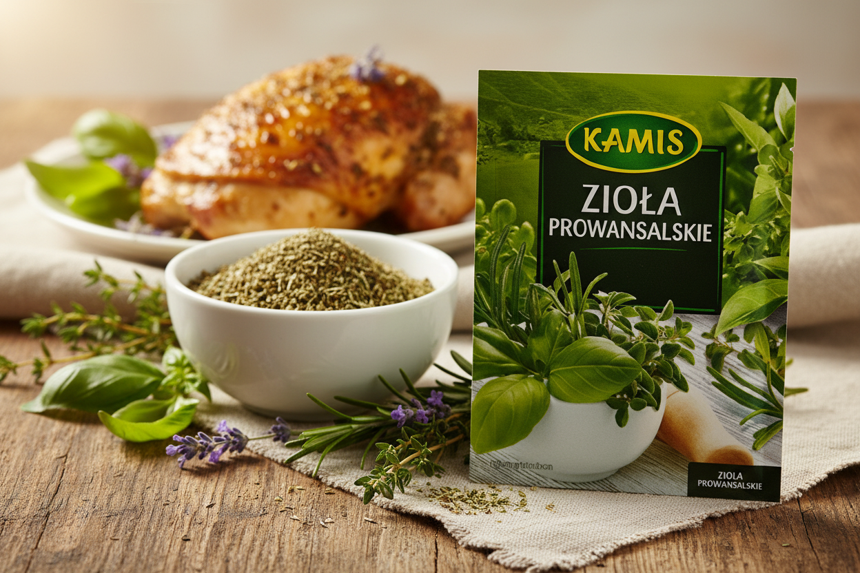 Kamis herbes de Provence packet on a rustic wooden table with white ceramic bowl of dried herb blend and fresh thyme rosemary lavender and basil sprigs scattered and golden herb-crusted roast chicken in the background