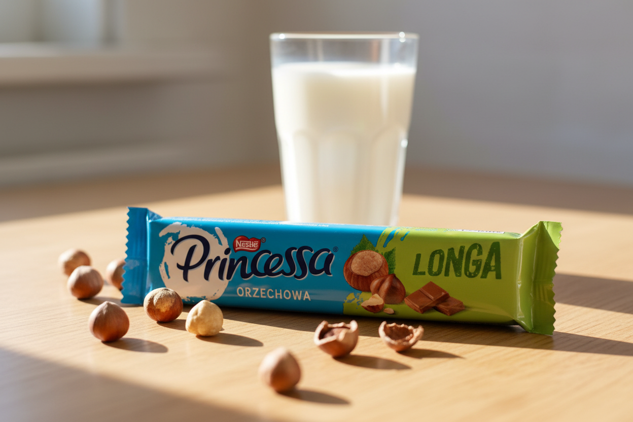 Princessa Longa hazelnut chocolate wafer bar with fresh hazelnuts
