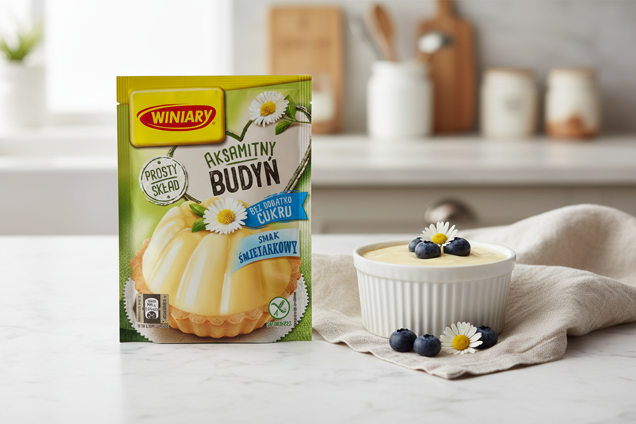 Winiary sugar-free cream pudding packet on a white marble surface with a smooth pale cream pudding in a white ceramic ramekin with fresh daisy flowers and blueberries alongside