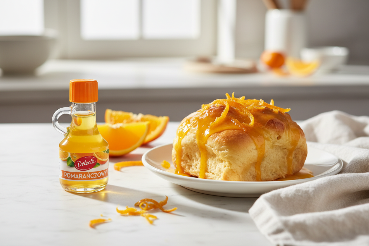 Delecta orange flavouring bottle on a marble surface with golden orange-glazed sweet buns and fresh orange slices and zest curls