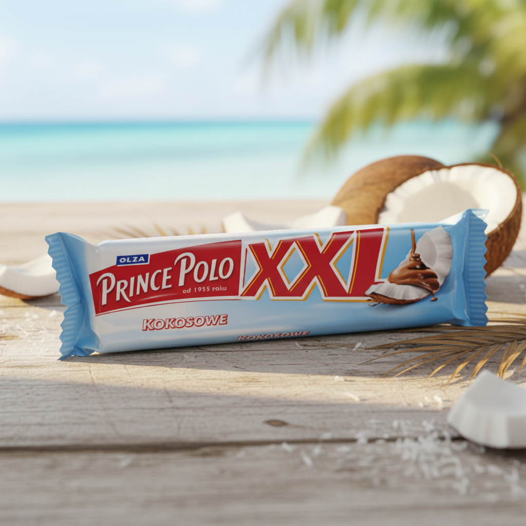 Prince Polo XXL Coconut Wafer with realistic tropical background