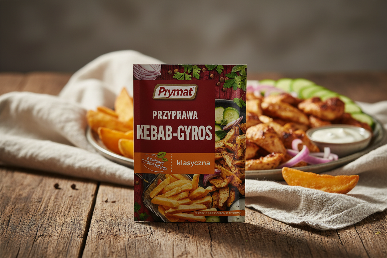 Prymat kebab gyros seasoning packet on a rustic wooden table with golden crispy potato wedges and sliced seasoned chicken strips with spice crust and fresh cucumber slices red onion rings and small bowl of creamy garlic sauce in warm natural light
