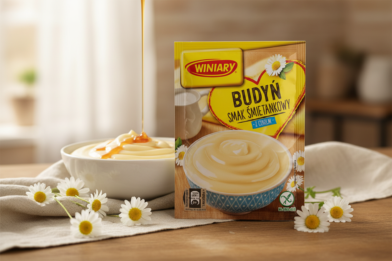 Winiary cream pudding packet on a wooden table with a smooth pale cream pudding in a white ceramic bowl with caramel drizzle and fresh daisy flowers alongside