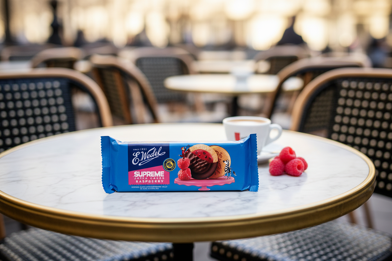 E. Wedel Supreme Raspberry Jaffa Cookies on European café terrace