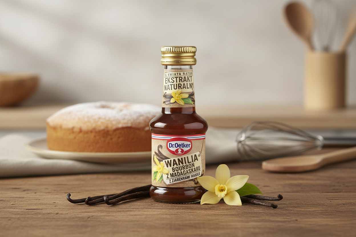 Dr. Oetker Madagascan Bourbon vanilla extract bottle on a kitchen table with vanilla pods and freshly baked cake