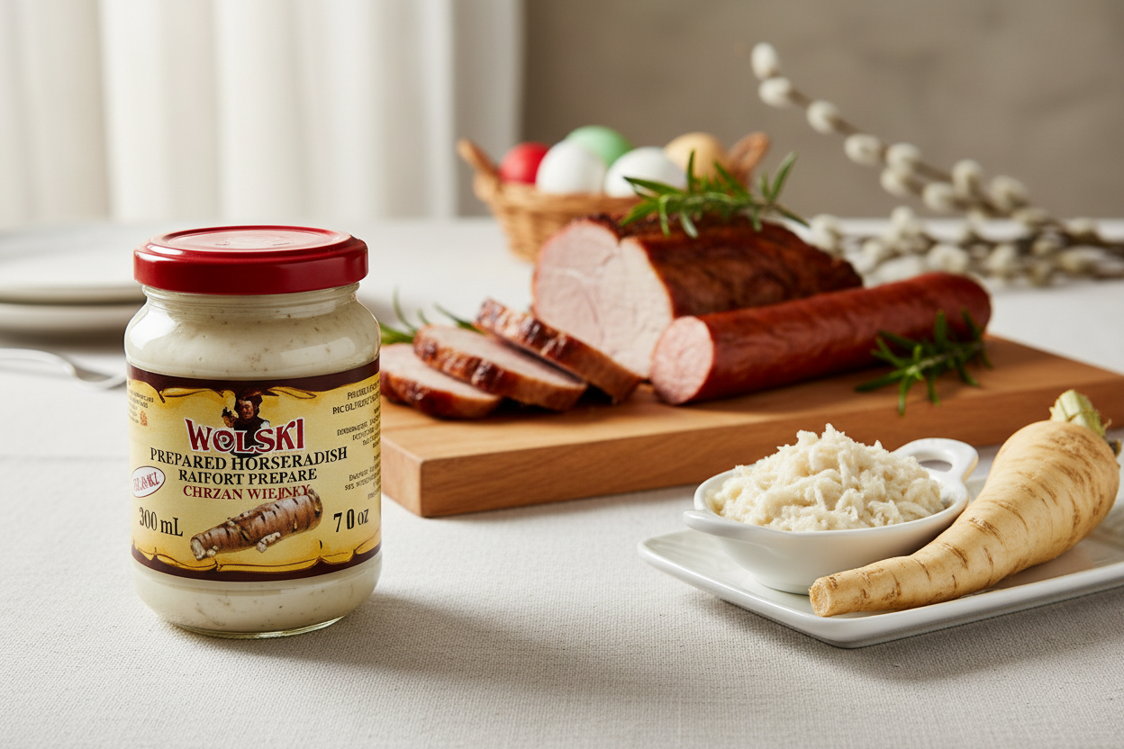 Wolski prepared horseradish jar on a traditional Polish Easter table with roasted pork, kielbasa and fresh horseradish root