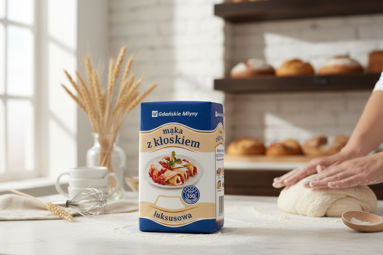 Gdańskie Młyny Luxury Flour on marble counter in artisan bakery with wheat stalks