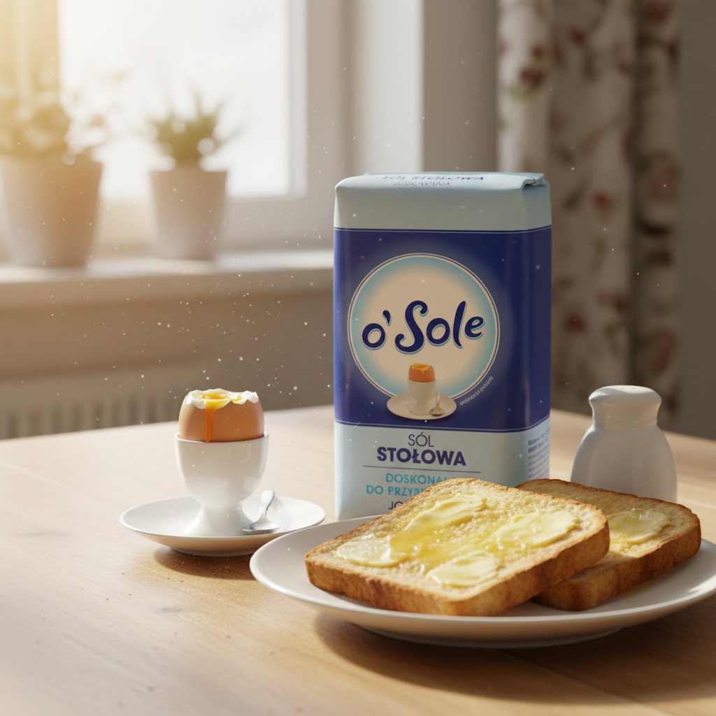 O'Sole table salt styled with a soft-boiled egg and buttered toast at a sunny breakfast table