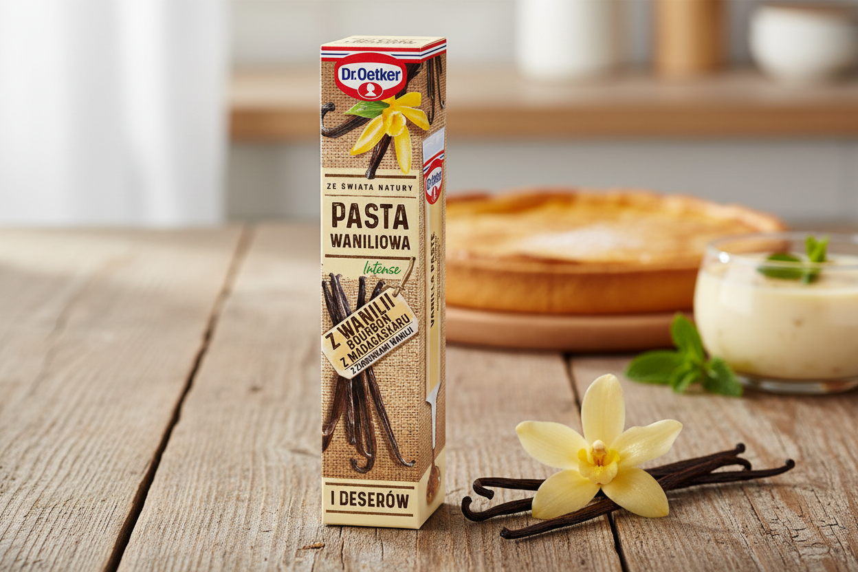 Dr. Oetker vanilla paste box on a kitchen table with vanilla pods and cream dessert