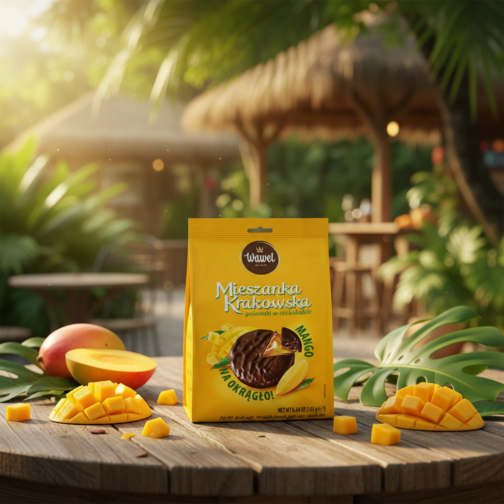 Wawel Mango chocolate jellies with fresh mango at a tropical outdoor café