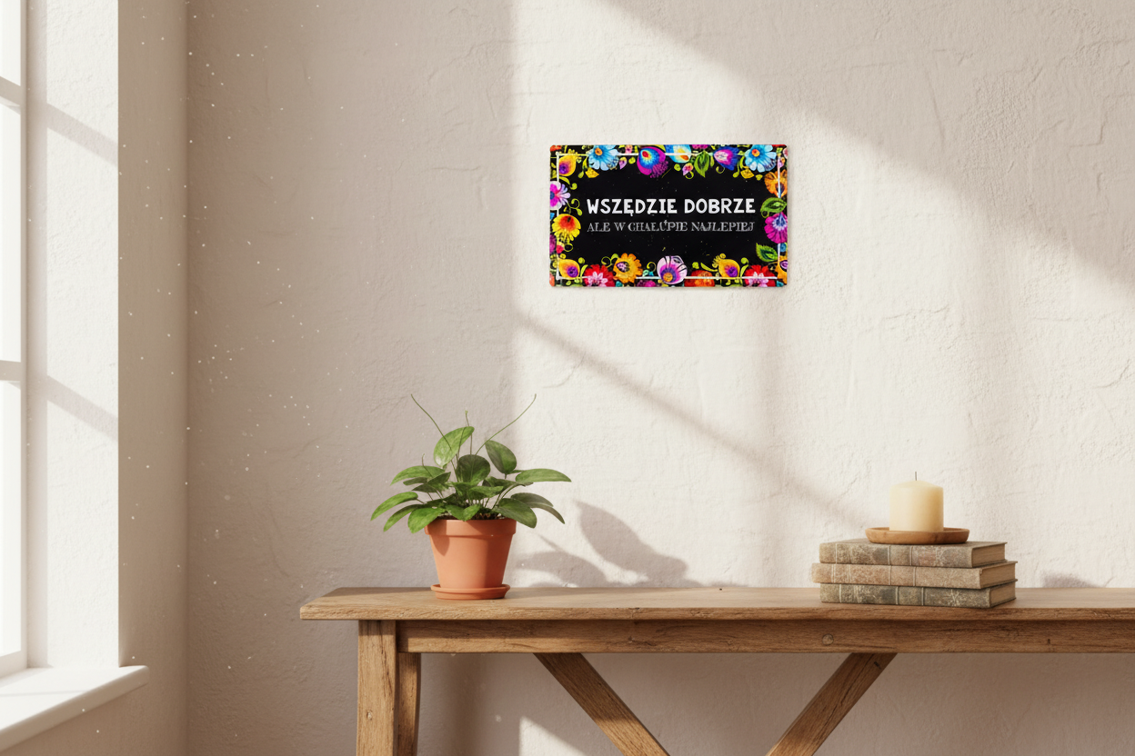 Folkstar Wszędzie Dobrze metal sign mounted on a warm white wall above a wooden console table with plant and candle