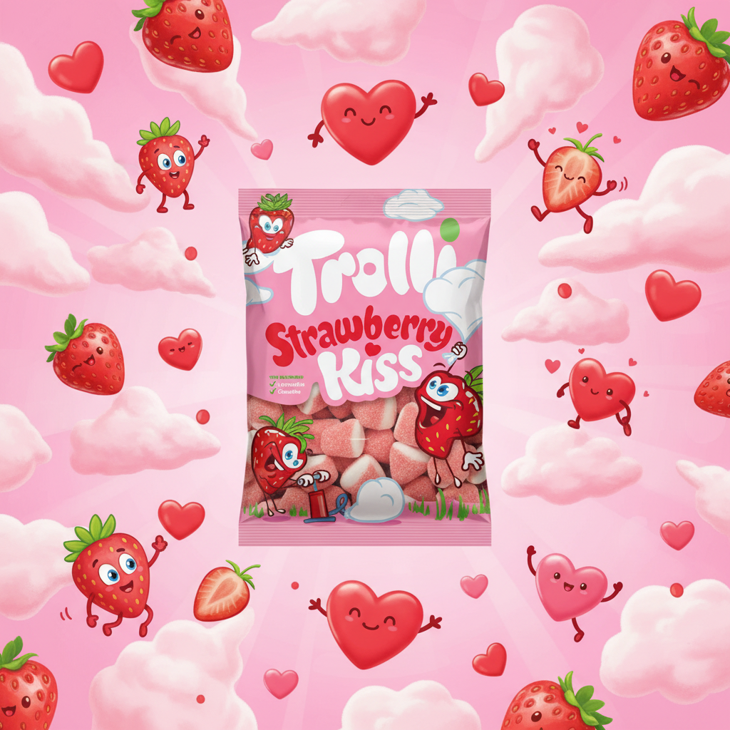 Trolli Strawberry Kiss with sweet background