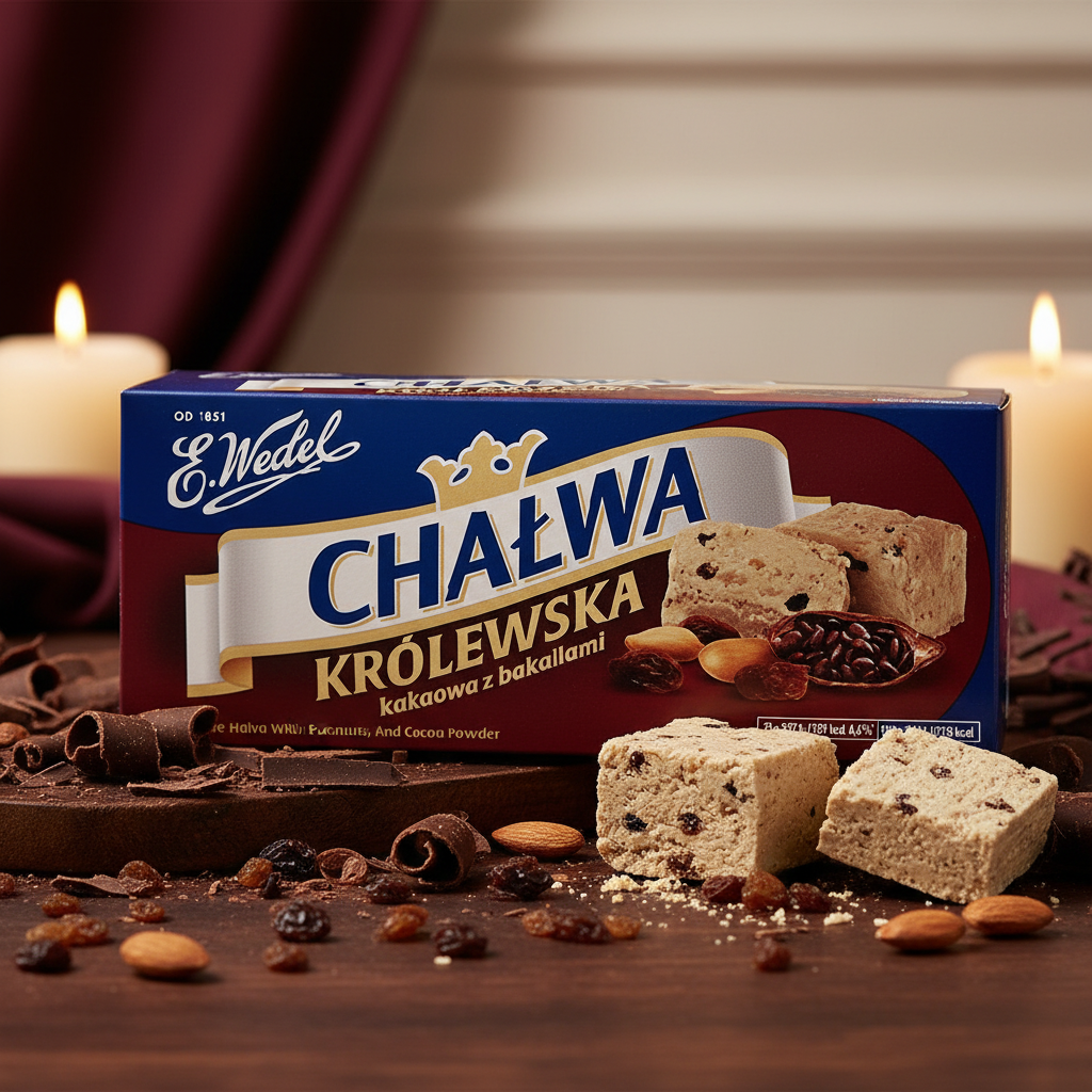 E. Wedel Chałwa Królewska Kakaowa z Bakaliami gift box on dark wood with raisins, almonds and cocoa halva pieces by candlelight
