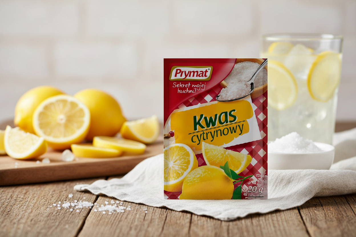Prymat citric acid packet on a rustic wooden table with halved bright yellow lemons and lemon slices scattered artfully and small white ceramic bowl of white citric acid crystals and glass of sparkling homemade lemonade with ice in the background