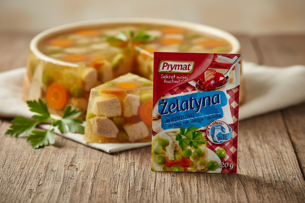 Prymat pork gelatine packet on a rustic wooden table with golden Polish galareta meat jelly set in ceramic mould with pork carrot and parsley suspended in clear golden aspic with a slice cut to reveal interior and fresh parsley garnish