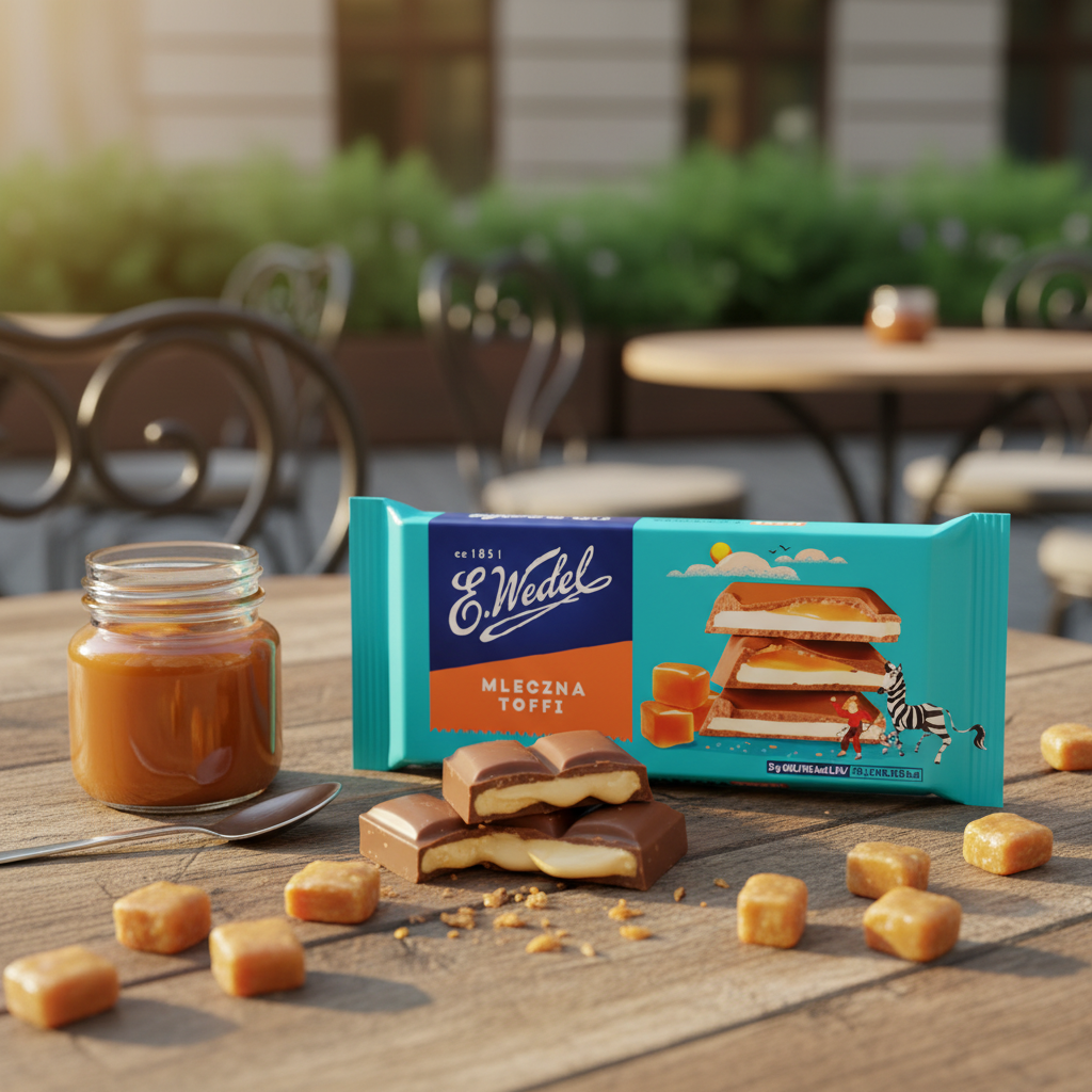 E. Wedel Mleczna Toffi bar on sunny outdoor café table with toffee pieces and caramel sauce
