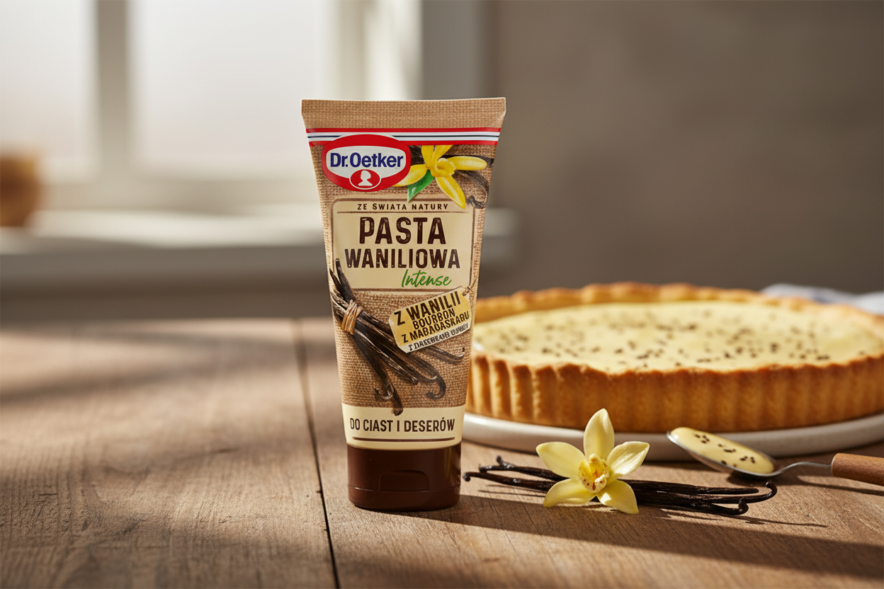 Dr. Oetker vanilla paste tube on a kitchen table with vanilla pods and cream dessert