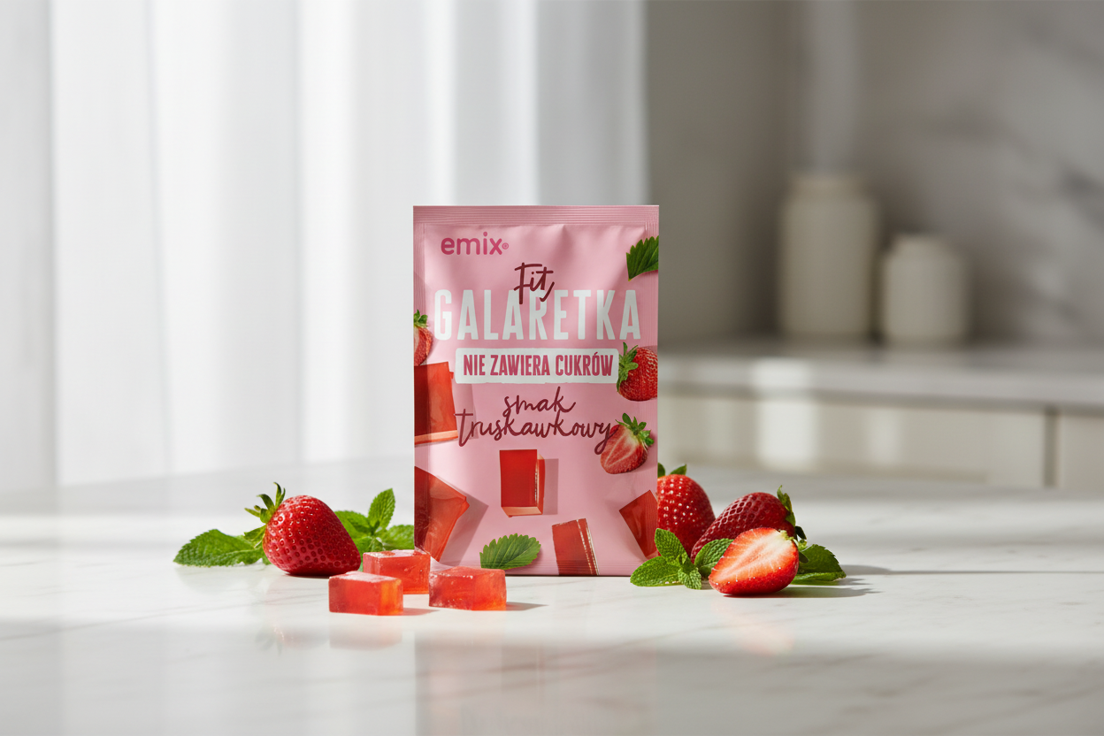 Emix Fit sugar-free strawberry jelly packet on a marble surface with fresh strawberries and mint